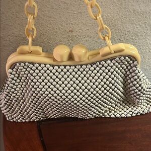 Whiting and Davis Beaded Evening Clutch Handbag in Cream and Silver